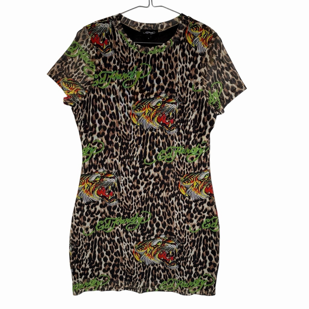 Ed Hardy Mini Mesh Dress Tiger Leopard Print Short Sleeves Size Large - Picture 2 of 8